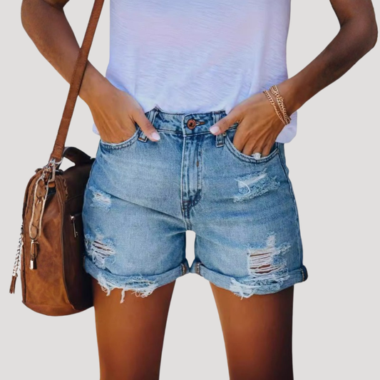 Freya | Women’s Denim Shorts | High Waist Distressed Details Summer Wear — image 01
