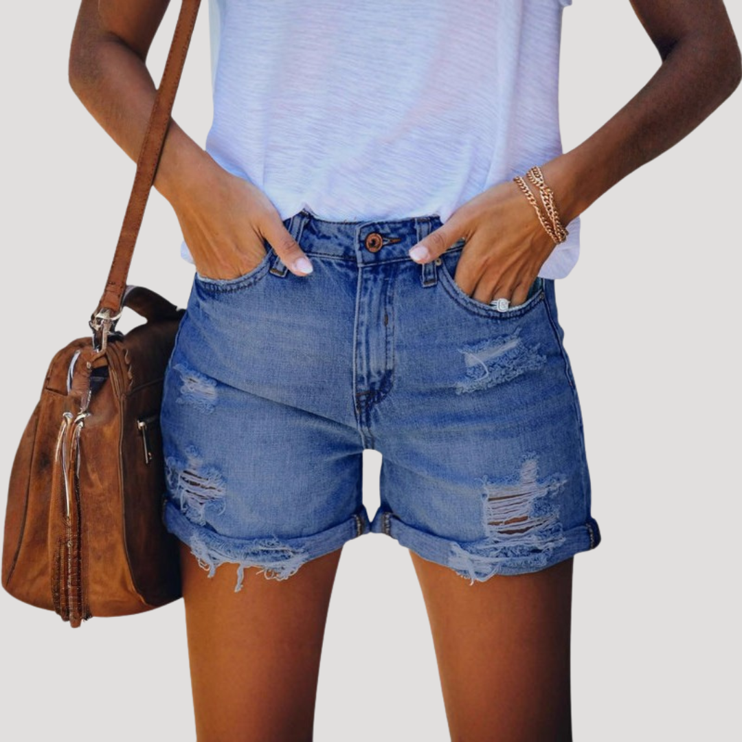 Freya | Women’s Denim Shorts | High Waist Distressed Details Summer Wear — image 02