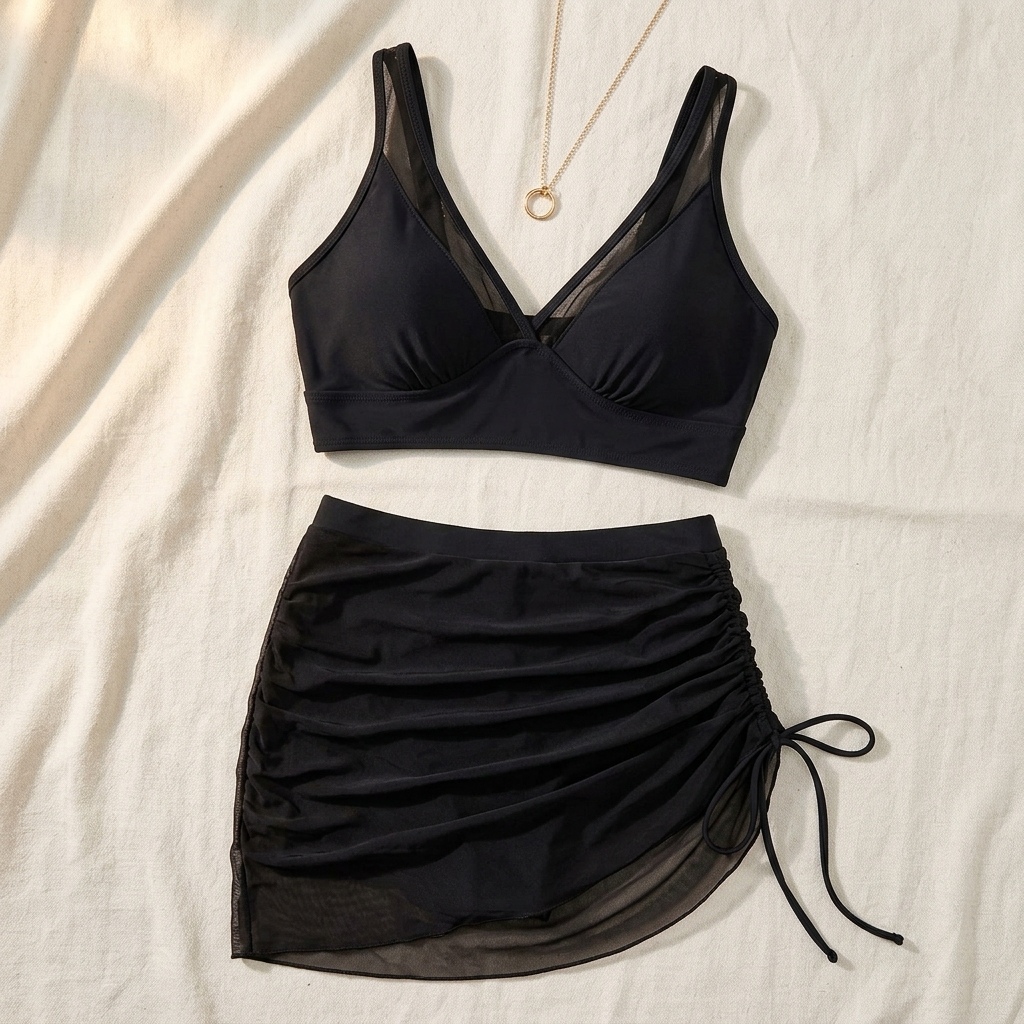 Mia | Women’s Bikini Set | Inset Neckline Ruched Skirt Swimwear — image 04 — MAREACO