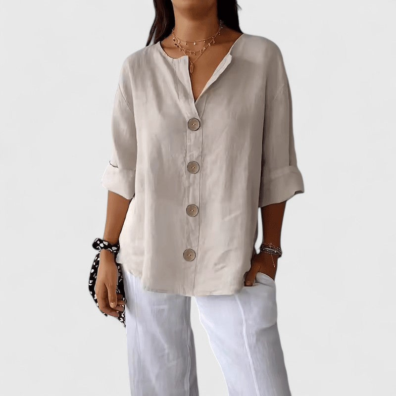 Mia | Women’s Blouse | V Neck Front Buttons Everyday Wear — image 01 — MAREACO