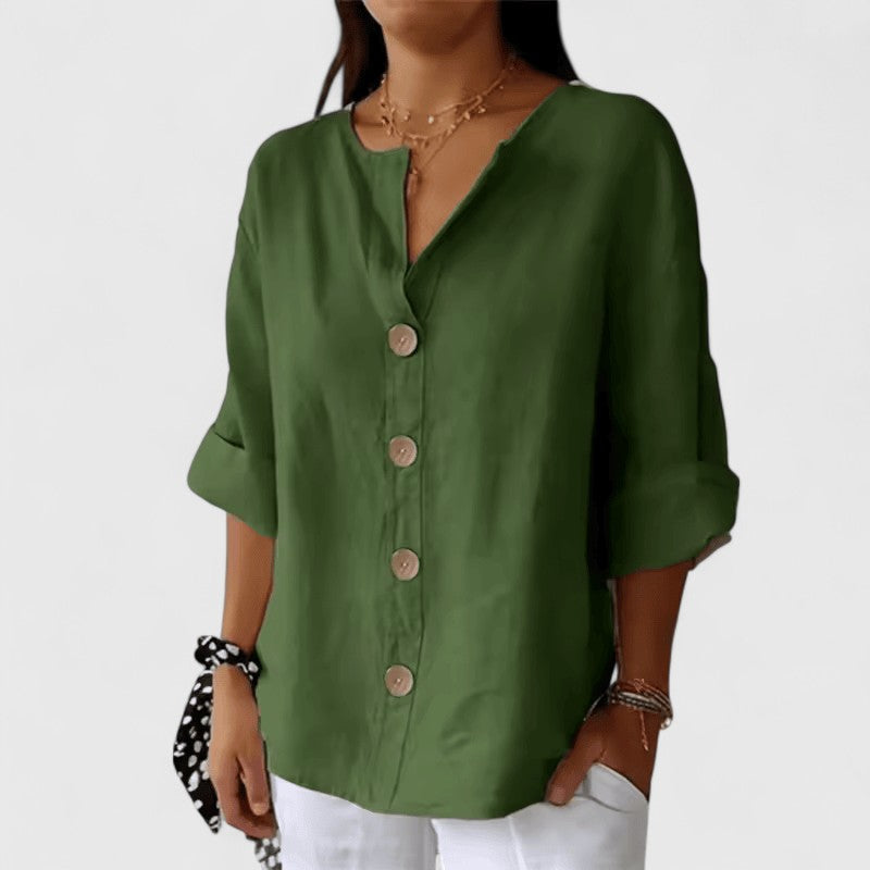 Mia | Women’s Blouse | V Neck Front Buttons Everyday Wear — image 02 — MAREACO