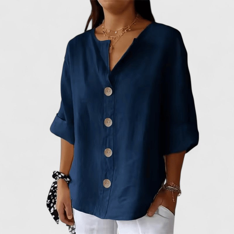 Mia | Women’s Blouse | V Neck Front Buttons Everyday Wear — image 03 — MAREACO