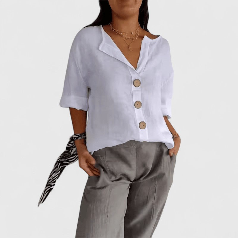 Mia | Women’s Blouse | V Neck Front Buttons Everyday Wear — image 04 — MAREACO