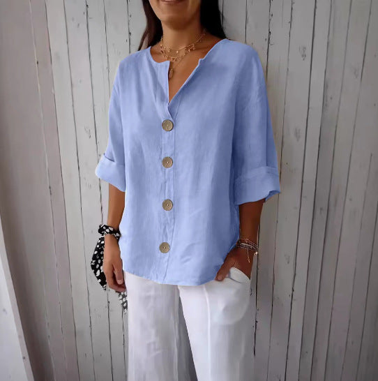 Mia | Women’s Blouse | V Neck Front Buttons Everyday Wear — image 11 — MAREACO