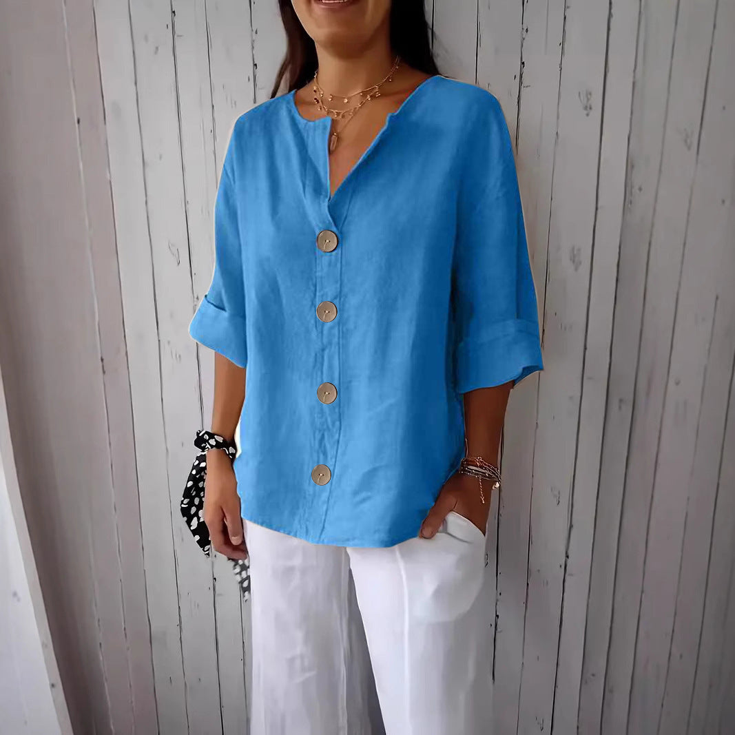 Mia | Women’s Blouse | V Neck Front Buttons Everyday Wear — image 12 — MAREACO