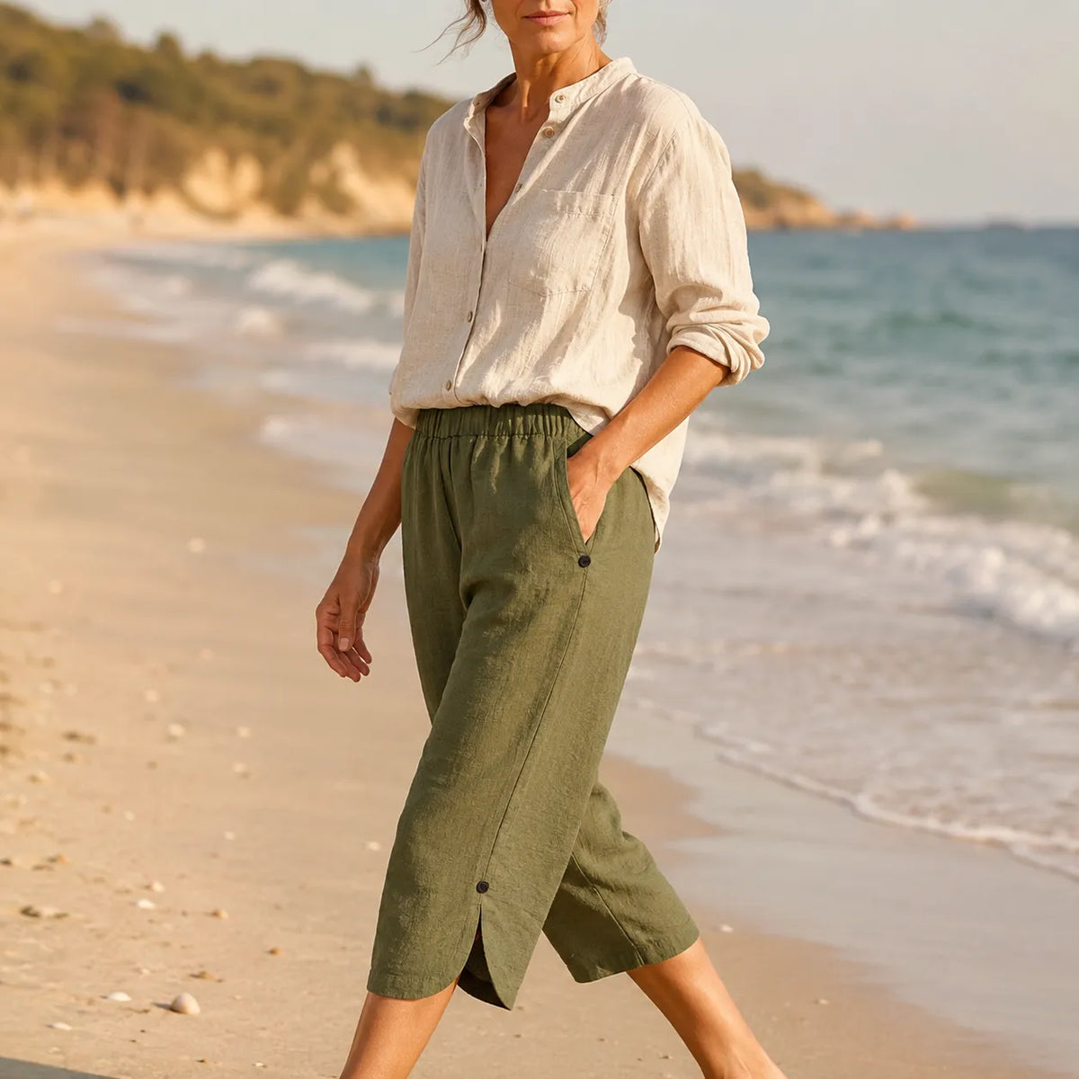 Mia | Women’s Cropped Trousers | Side Buttons Cropped Legs Summer Wear — image 02 — MAREACO