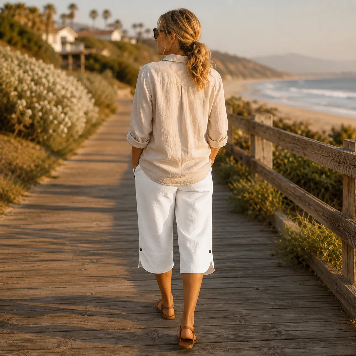 Mia | Women’s Cropped Trousers | Side Buttons Cropped Legs Summer Wear — image 03 — MAREACO