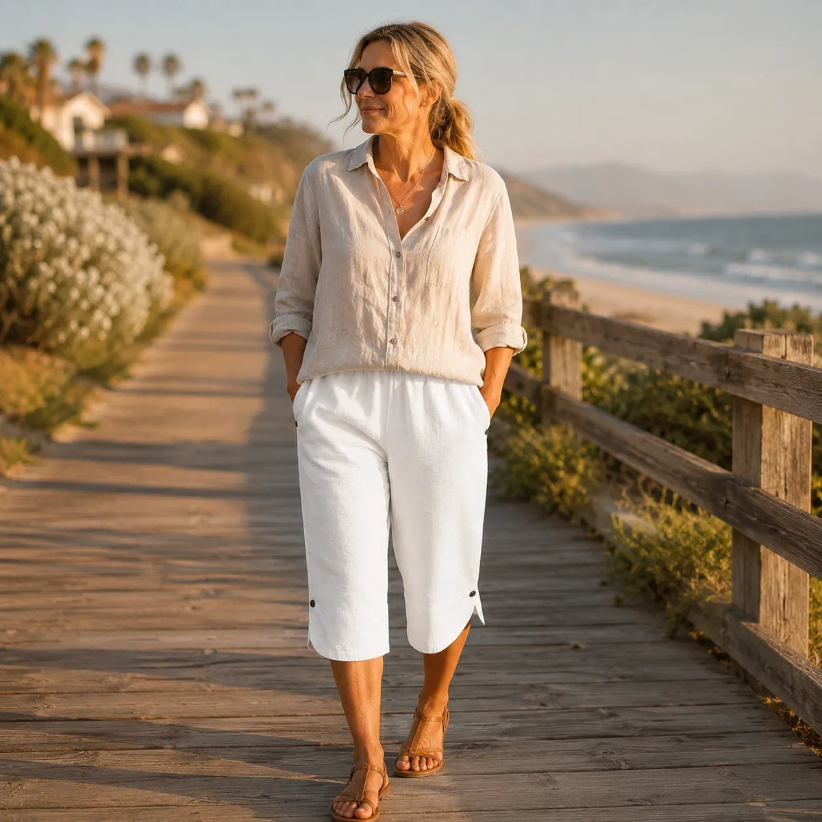 Mia | Women’s Cropped Trousers | Side Buttons Cropped Legs Summer Wear — image 06 — MAREACO