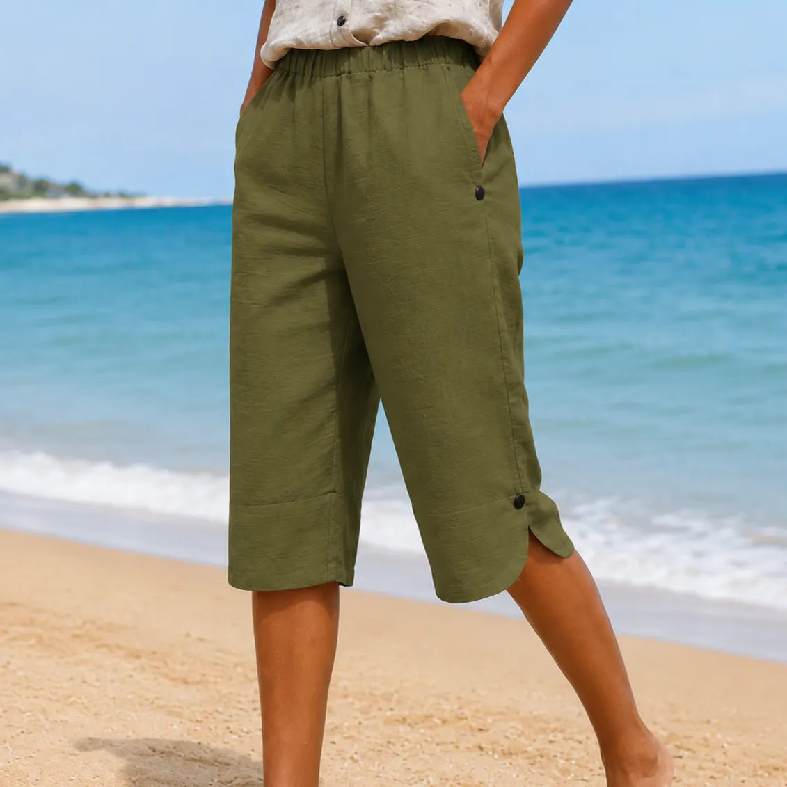 Mia | Women’s Cropped Trousers | Side Buttons Cropped Legs Summer Wear — image 12 — MAREACO