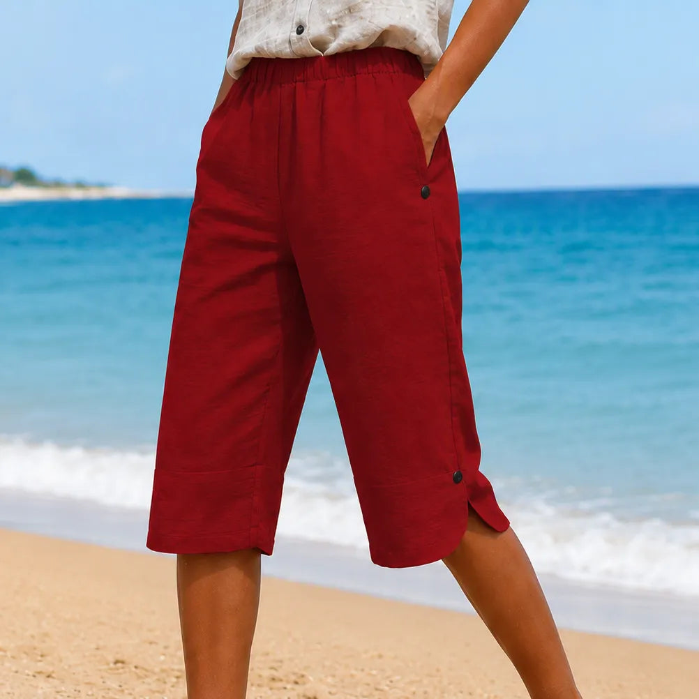 Mia | Women’s Cropped Trousers | Side Buttons Cropped Legs Summer Wear — image 14 — MAREACO