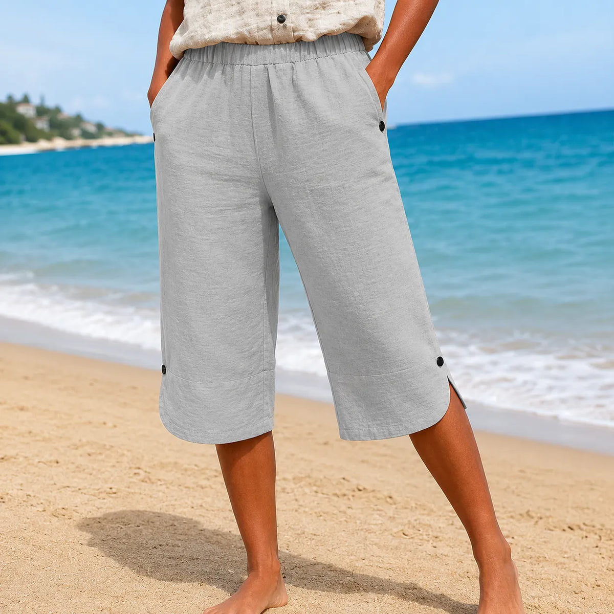 Mia | Women’s Cropped Trousers | Side Buttons Cropped Legs Summer Wear — image 15 — MAREACO