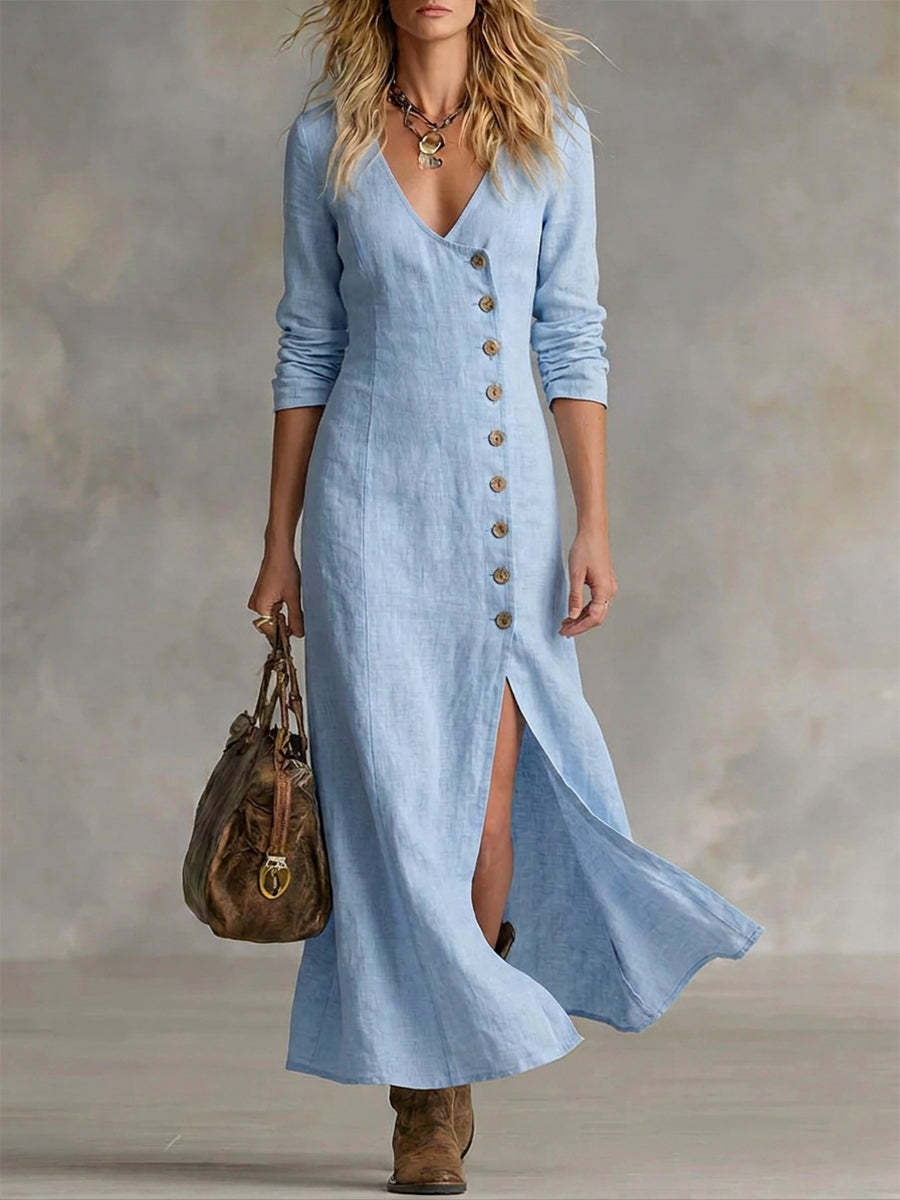 Mia | Women’s Maxi Dress | V Neck Button Front Everyday Wear — image 01 — MAREACO
