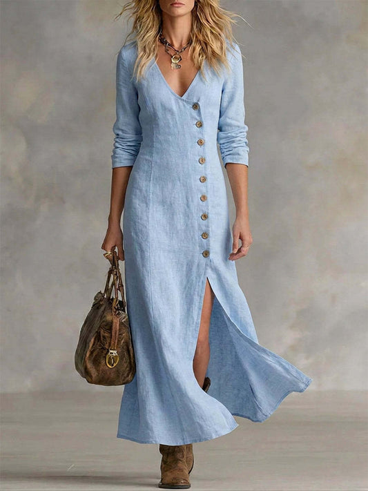 Mia | Women’s Maxi Dress | V Neck Button Front Everyday Wear — image 01 — MAREACO
