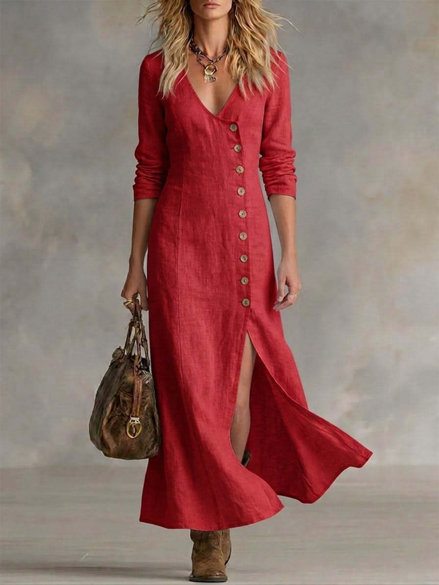 Mia | Women’s Maxi Dress | V Neck Button Front Everyday Wear — image 02 — MAREACO
