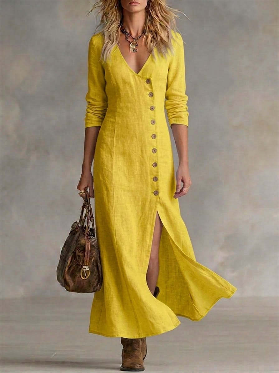 Mia | Women’s Maxi Dress | V Neck Button Front Everyday Wear — image 03 — MAREACO