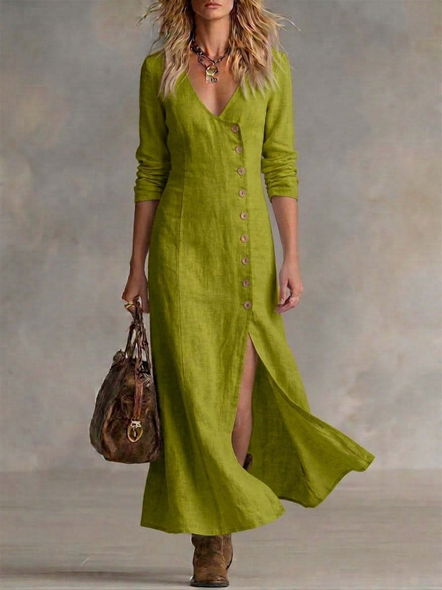 Mia | Women’s Maxi Dress | V Neck Button Front Everyday Wear — image 04 — MAREACO