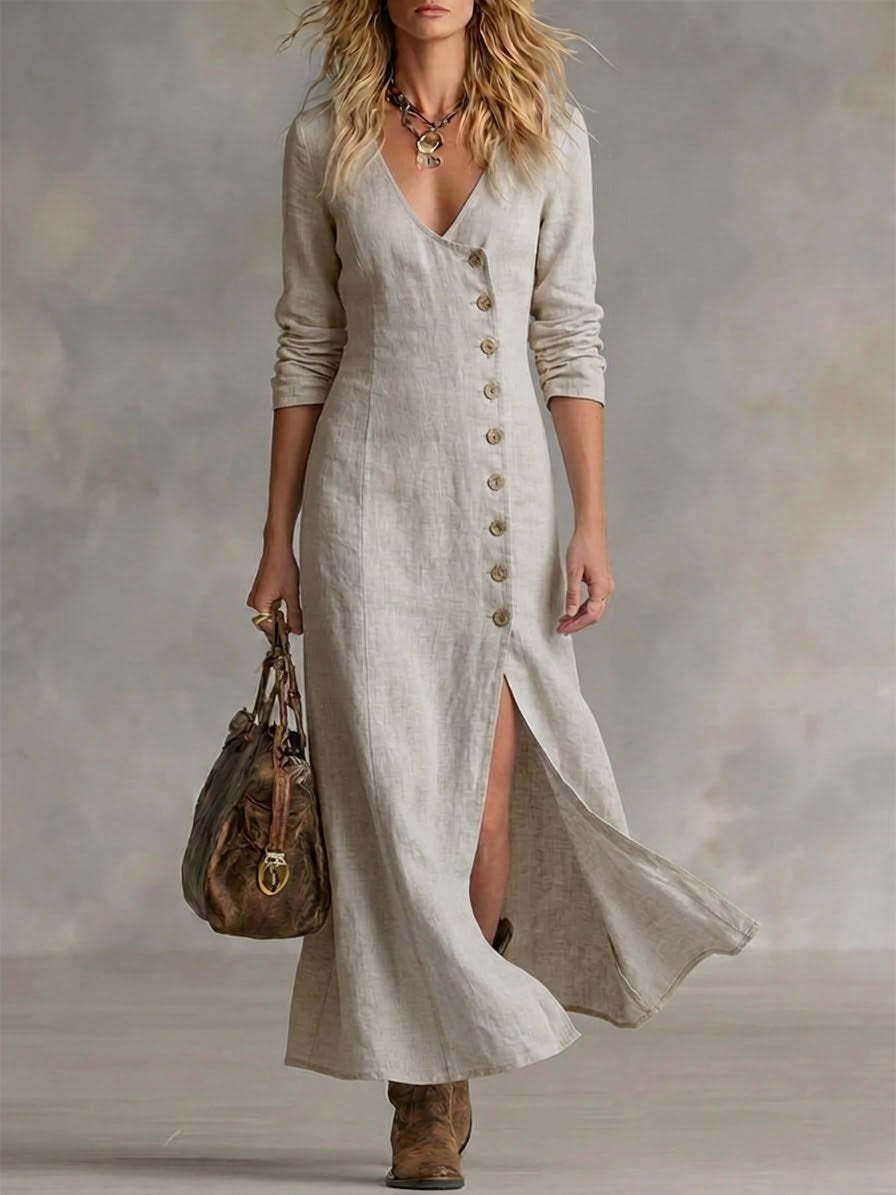 Mia | Women’s Maxi Dress | V Neck Button Front Everyday Wear — image 05 — MAREACO