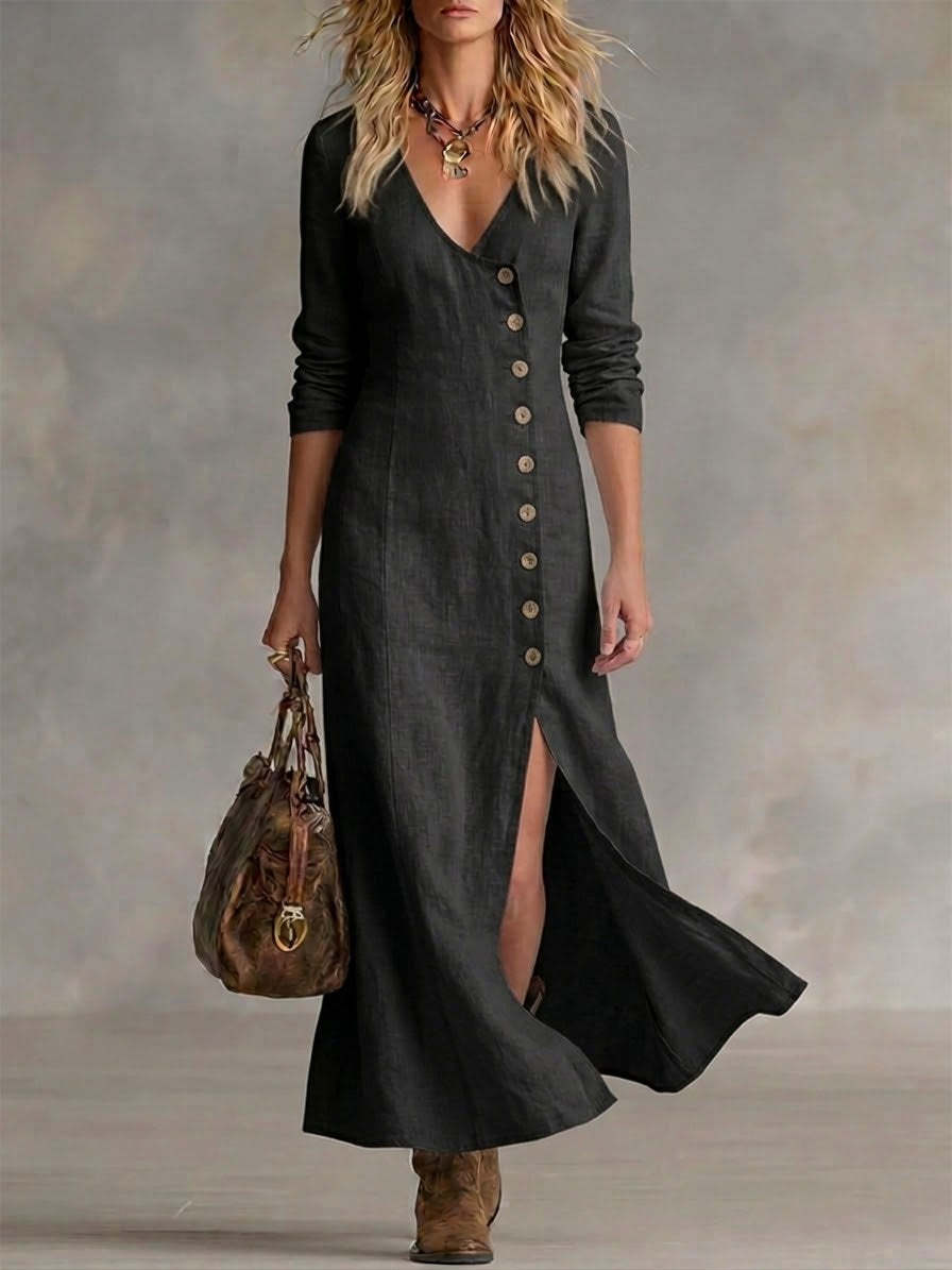 Mia | Women’s Maxi Dress | V Neck Button Front Everyday Wear — image 06 — MAREACO
