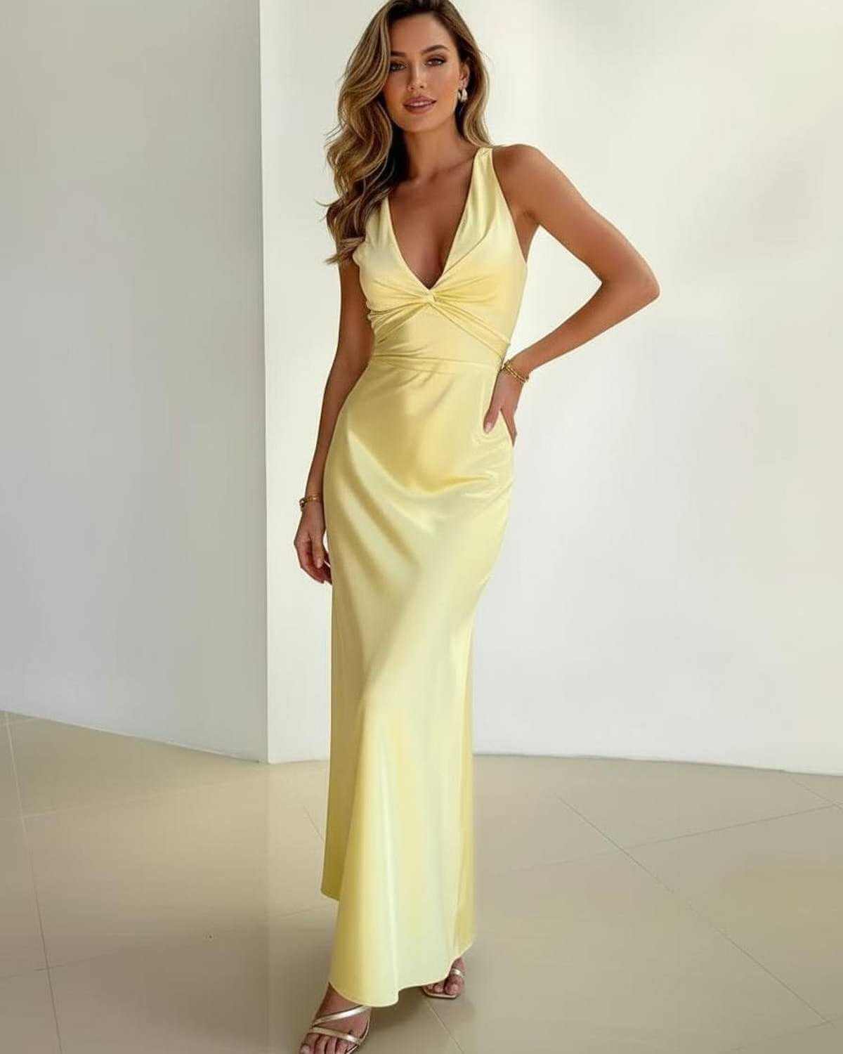 Mia | Women’s Maxi Dress | V Neck Gathered Waist Occasion Wear — image 02 — MAREACO