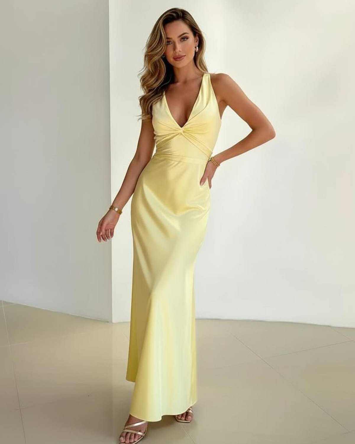 Mia | Women’s Maxi Dress | V Neck Gathered Waist Occasion Wear — image 05 — MAREACO