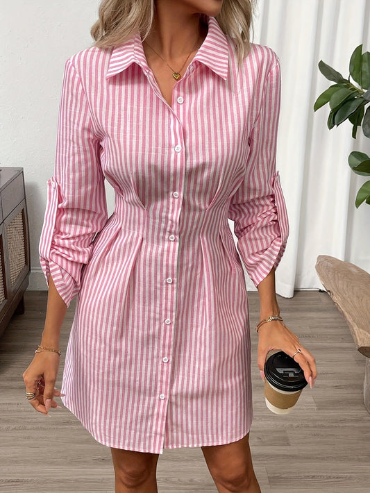 Mia | Women’s Mini Dress | Striped Pattern Button Front Everyday Wear — image 01 — MAREACO