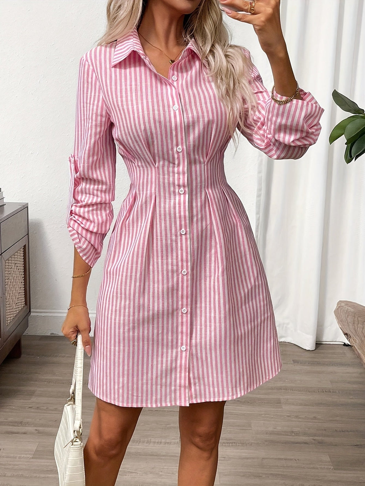 Mia | Women’s Mini Dress | Striped Pattern Button Front Everyday Wear — image 02 — MAREACO