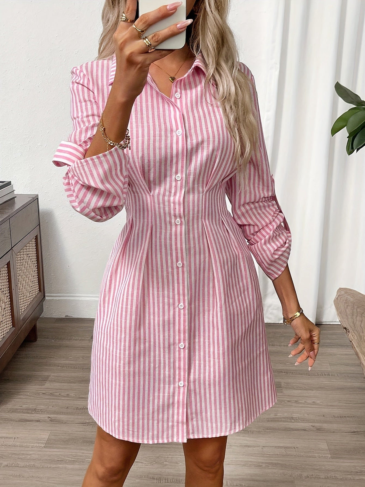 Mia | Women’s Mini Dress | Striped Pattern Button Front Everyday Wear — image 03 — MAREACO