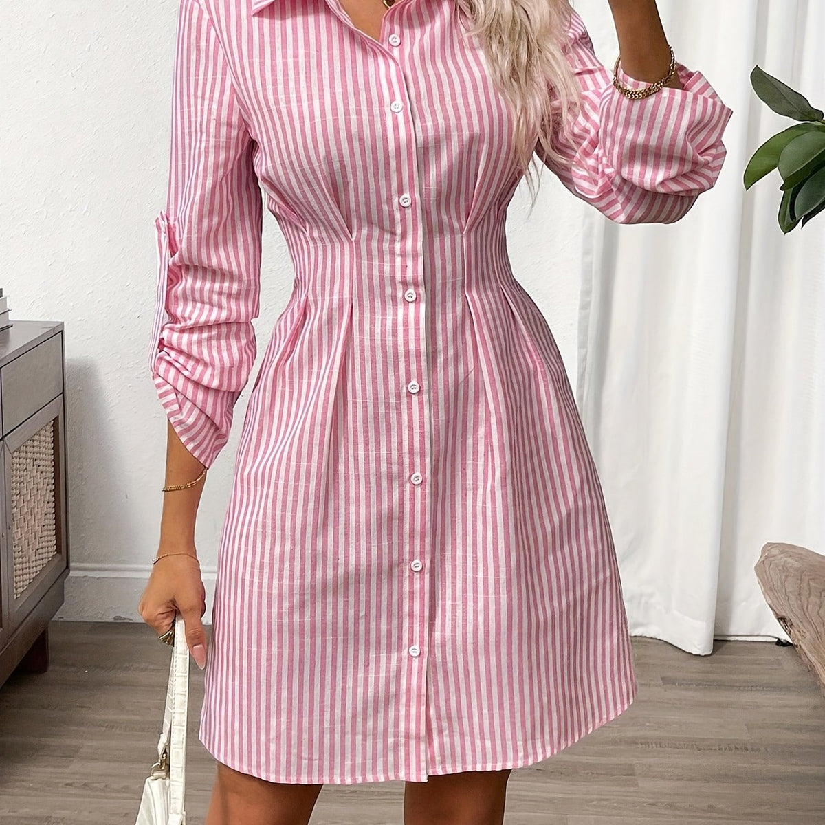 Mia | Women’s Mini Dress | Striped Pattern Button Front Everyday Wear — image 07 — MAREACO