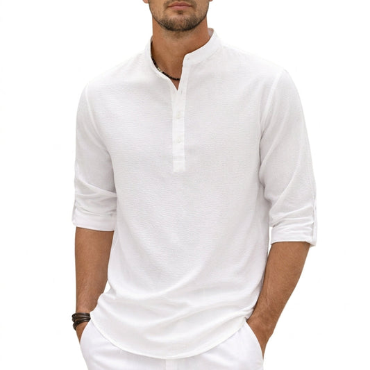 Oliver | Men’s Shirt | Grandad Collar Half Placket Summer Wear — image 01 — MAREACO