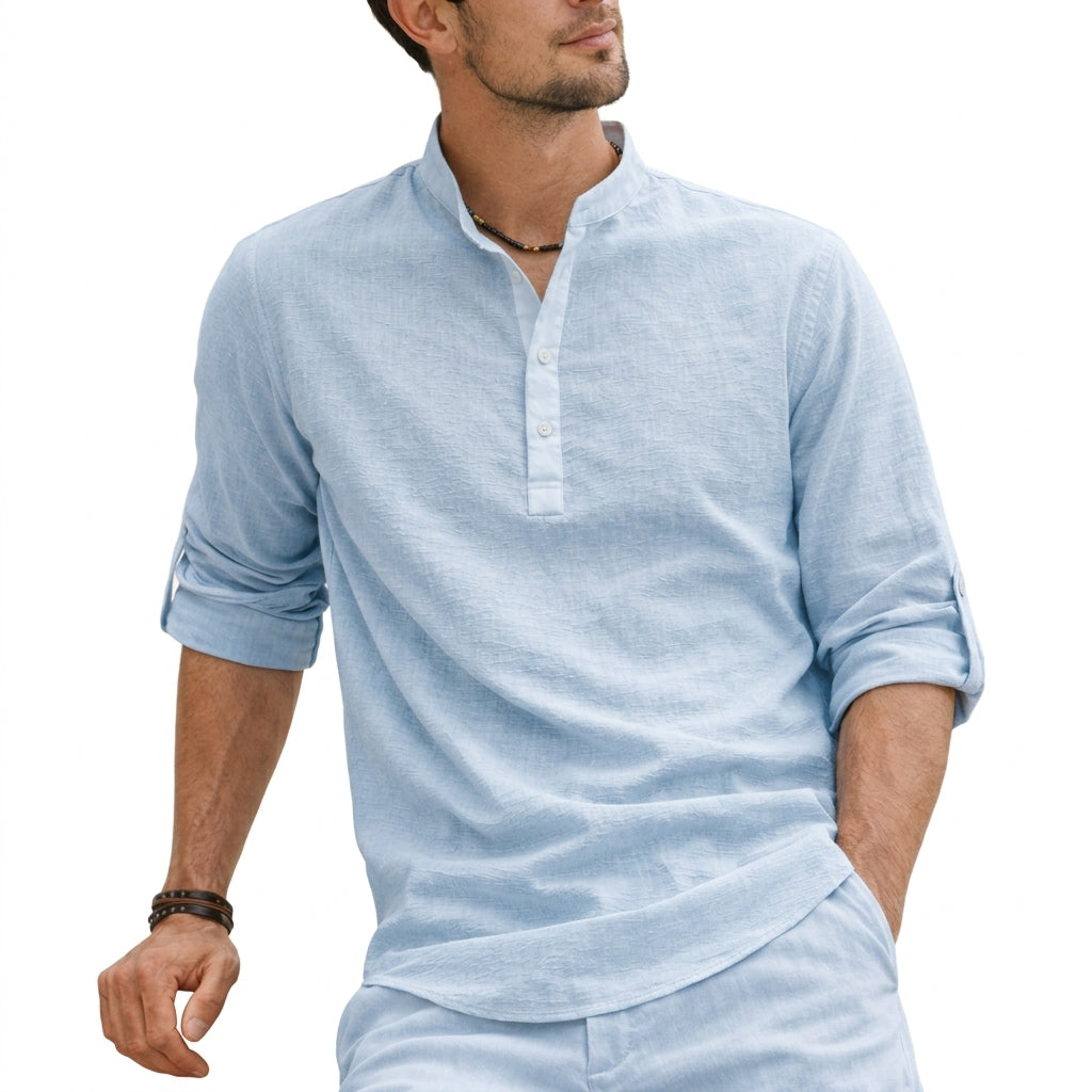 Oliver | Men’s Shirt | Grandad Collar Half Placket Summer Wear — image 02 — MAREACO