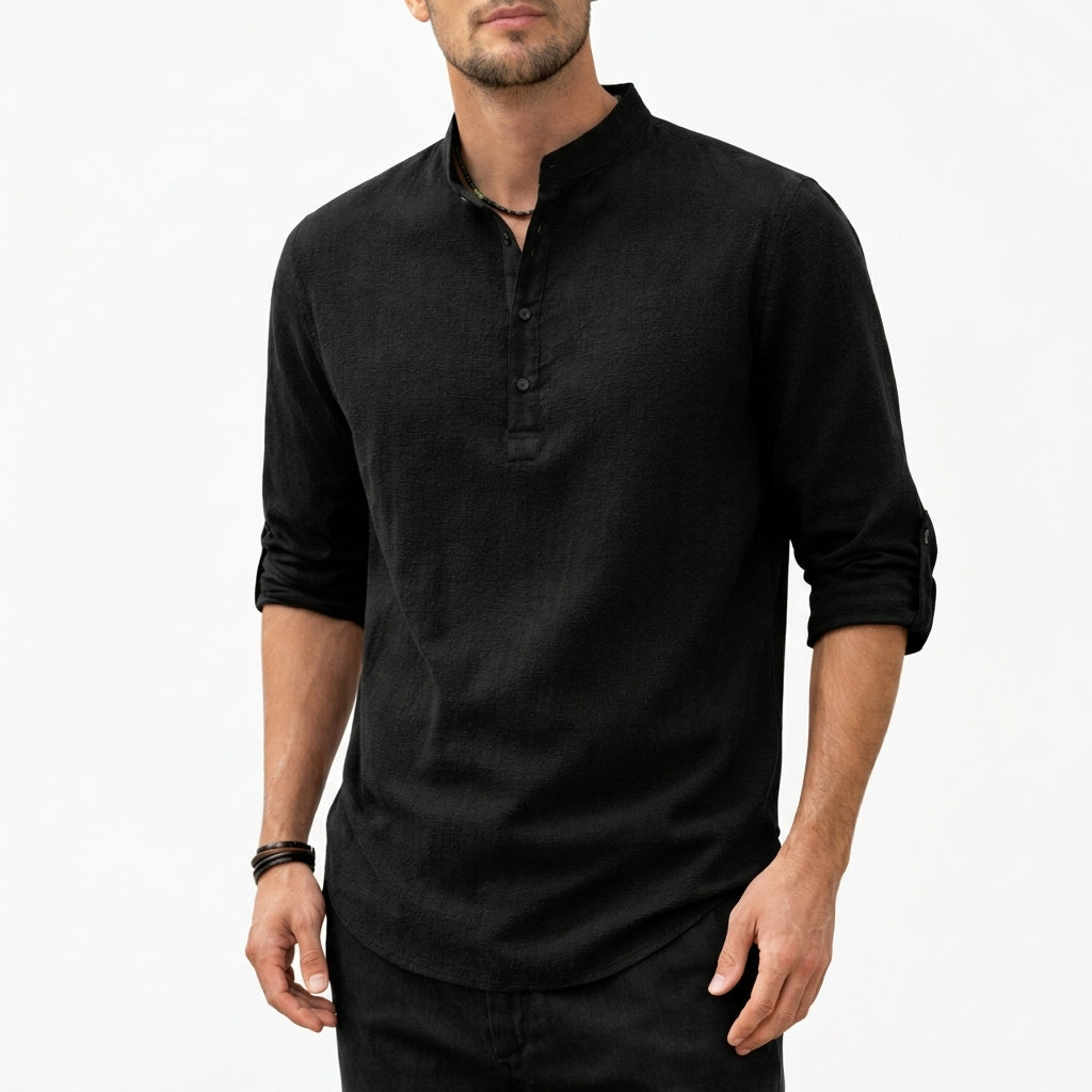 Oliver | Men’s Shirt | Grandad Collar Half Placket Summer Wear — image 03 — MAREACO