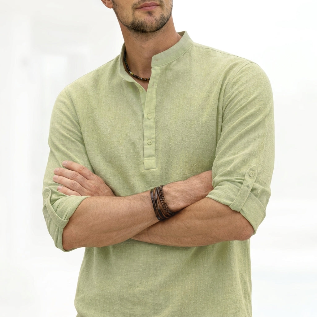 Oliver | Men’s Shirt | Grandad Collar Half Placket Summer Wear — image 04 — MAREACO