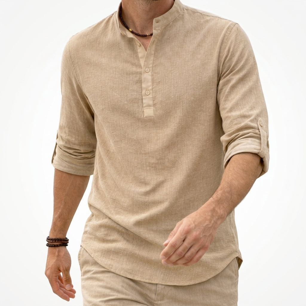 Oliver | Men’s Shirt | Grandad Collar Half Placket Summer Wear — image 05 — MAREACO