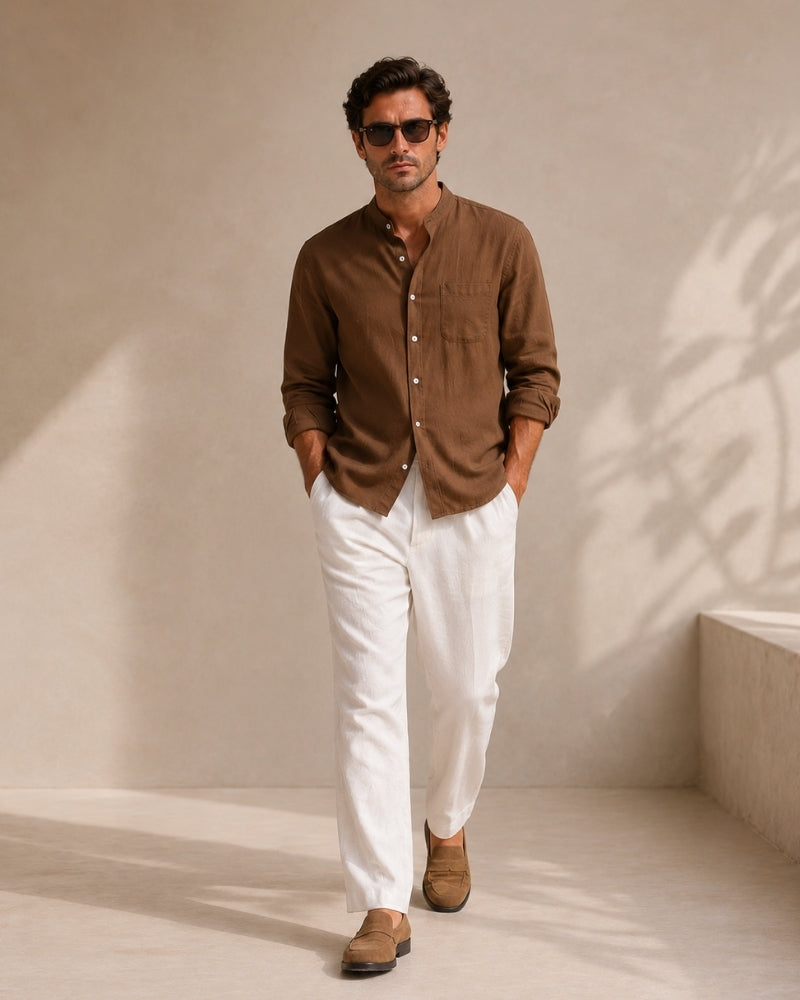 Oliver | Men’s Shirt | Mandarin Collar Button Front Summer Wear — image 03 — MAREACO