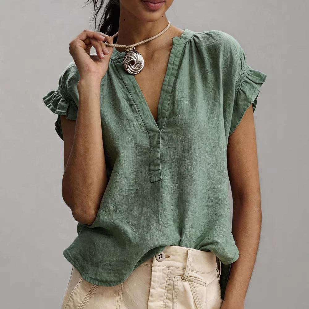 Olivia | Women’s Blouse | V Neck Ruffle Sleeves Summer Wear — image 03 — MAREACO
