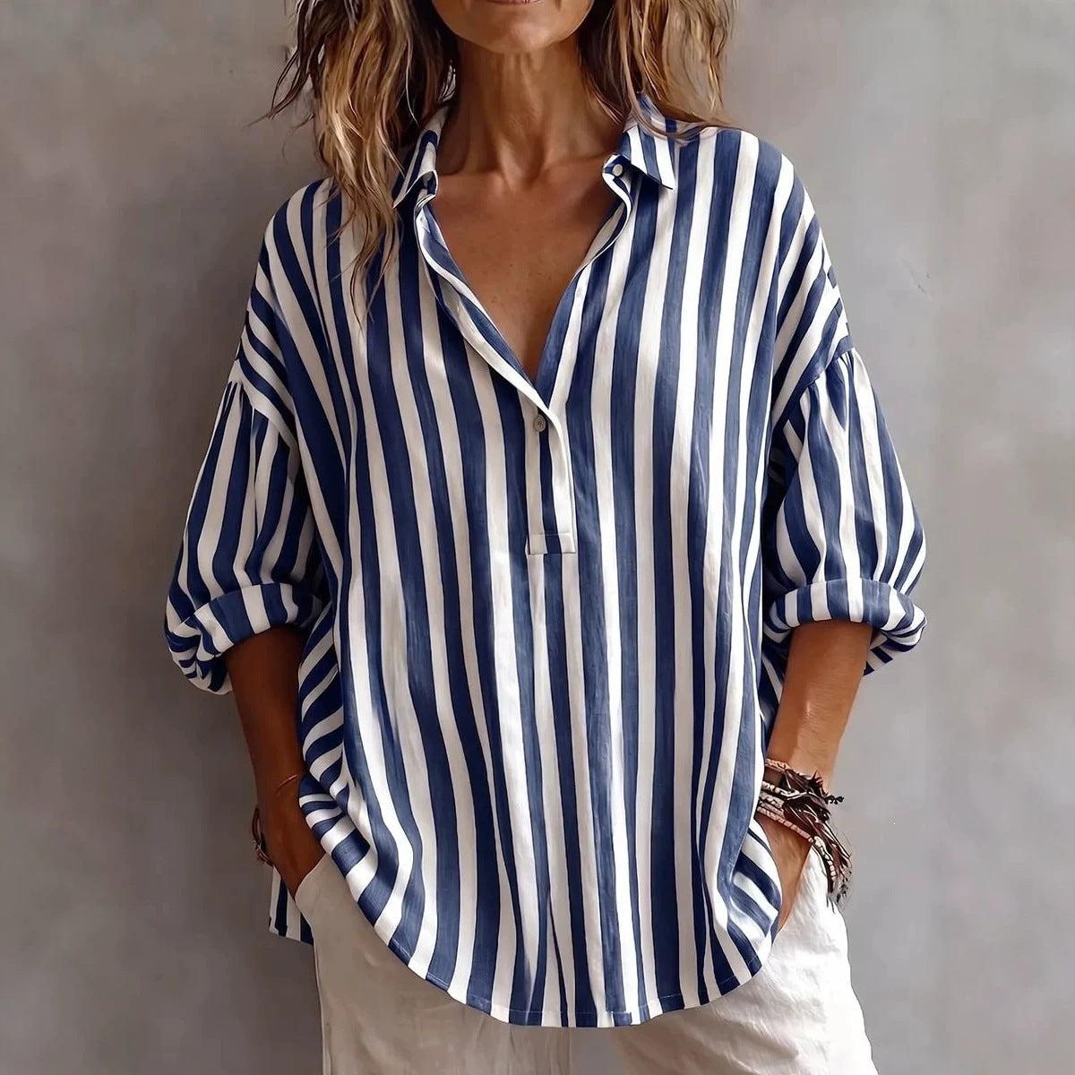 Olivia | Women’s Blouse | Vertical Stripes Three Quarter Sleeves Daywear — image 01 — MAREACO