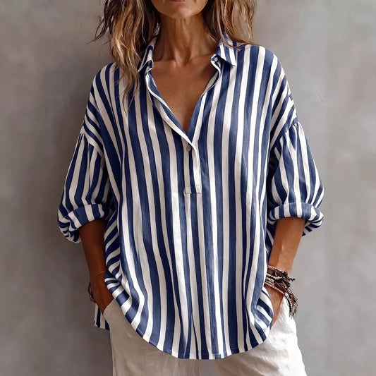 Olivia | Women’s Blouse | Vertical Stripes Three Quarter Sleeves Daywear — image 01 — MAREACO