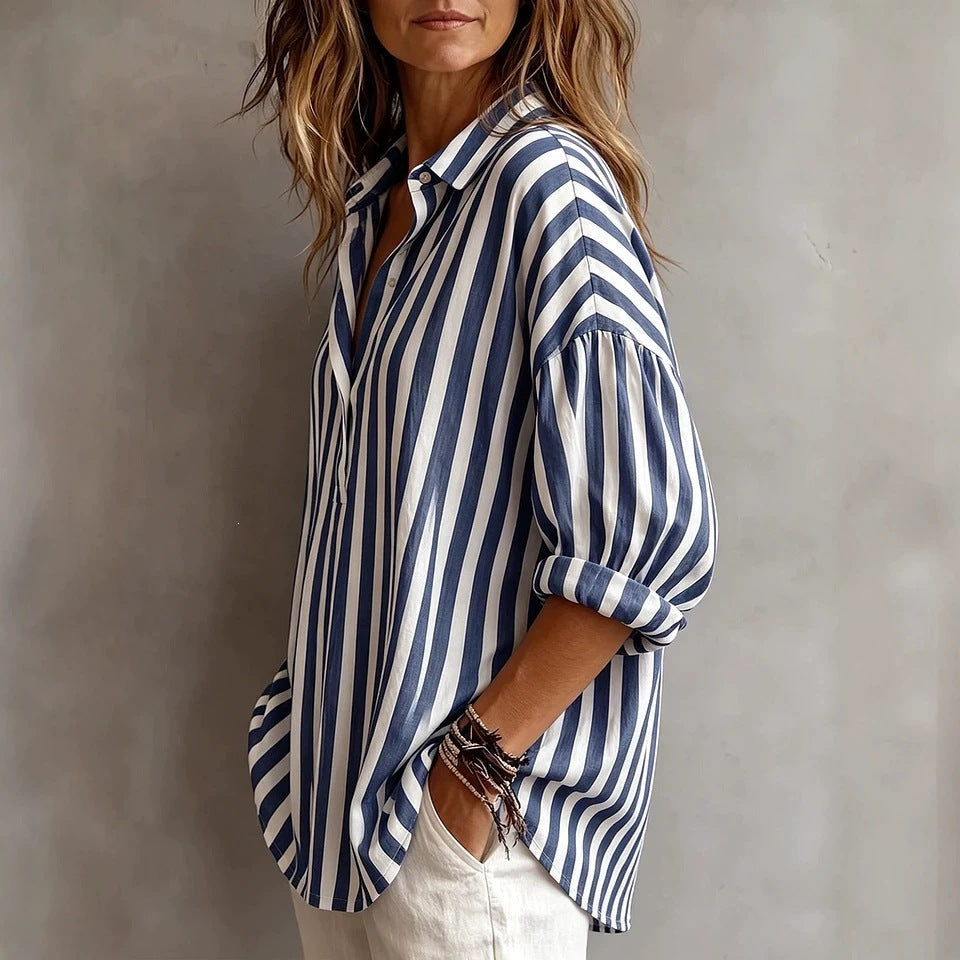 Olivia | Women’s Blouse | Vertical Stripes Three Quarter Sleeves Daywear — image 02 — MAREACO