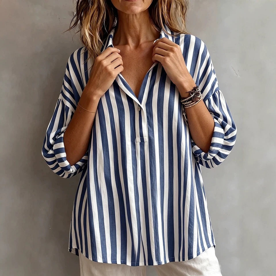 Olivia | Women’s Blouse | Vertical Stripes Three Quarter Sleeves Daywear — image 03 — MAREACO