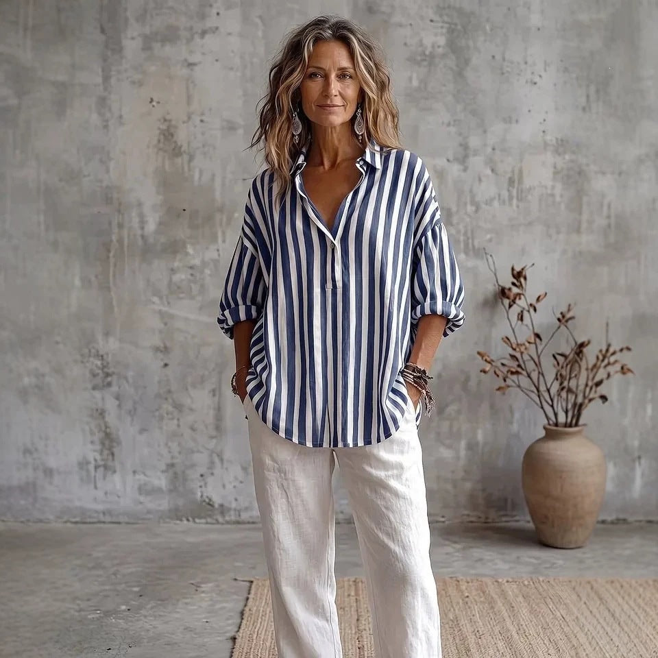 Olivia | Women’s Blouse | Vertical Stripes Three Quarter Sleeves Daywear — image 04 — MAREACO