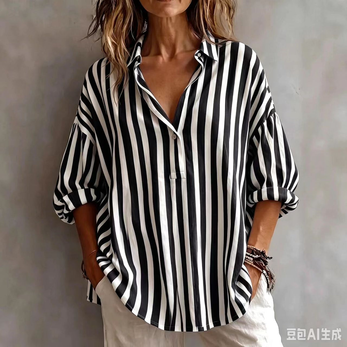 Olivia | Women’s Blouse | Vertical Stripes Three Quarter Sleeves Daywear — image 05 — MAREACO