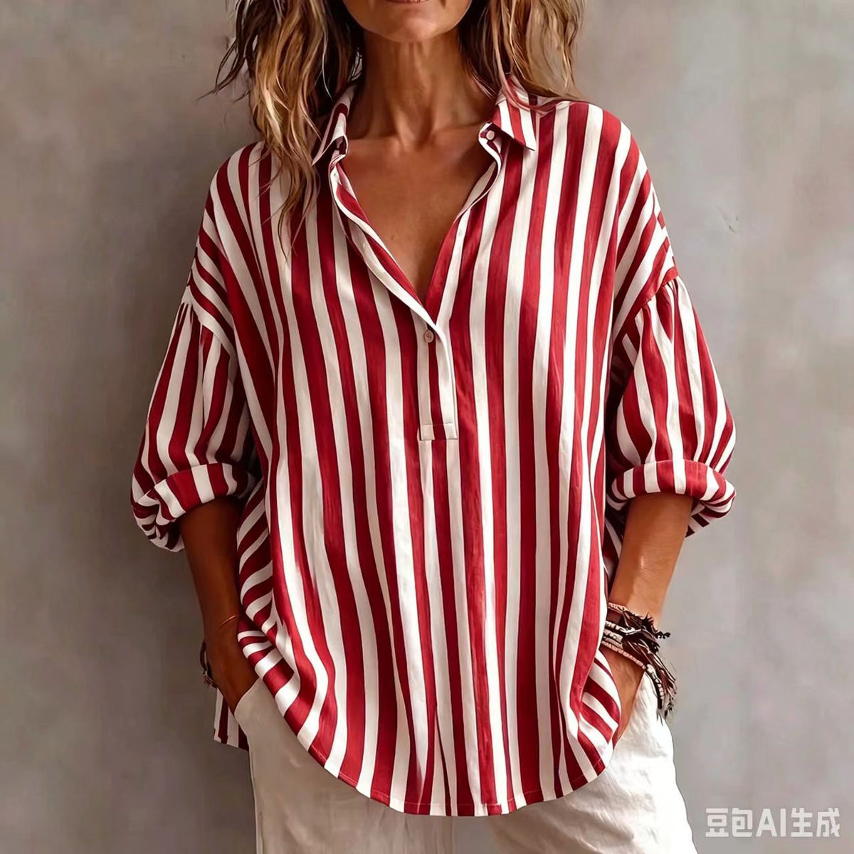 Olivia | Women’s Blouse | Vertical Stripes Three Quarter Sleeves Daywear — image 08 — MAREACO