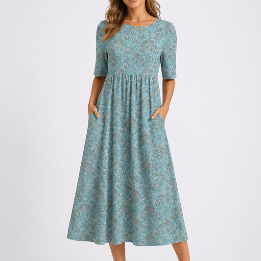 Olivia | Women’s Midi Dress | Floral Print Side Pockets Everyday Wear — image 01 — MAREACO
