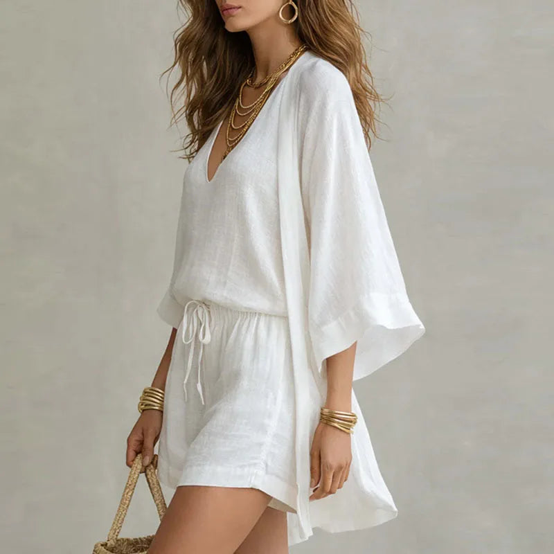 Olivia | Women’s Three-Piece Set | Open Front Layer Drawstring Shorts Holiday Wear — image 02 — MAREACO