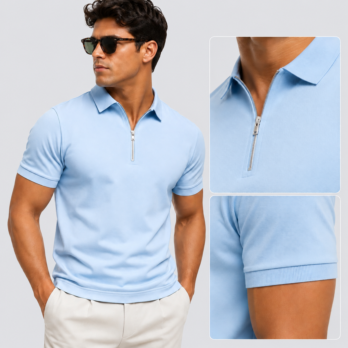 Oscar | Men’s Polo Shirt | Zip Neck Short Sleeves Daywear — image 02 — MAREACO