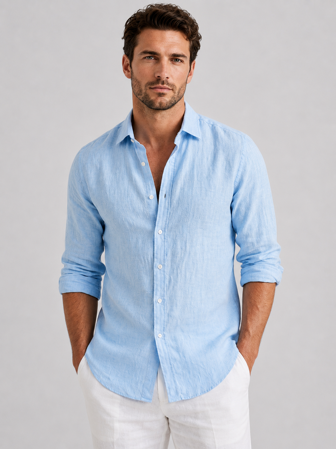 Oscar | Men’s Shirt | Point Collar Long Sleeves Summer Wear — image 01 — MAREACO