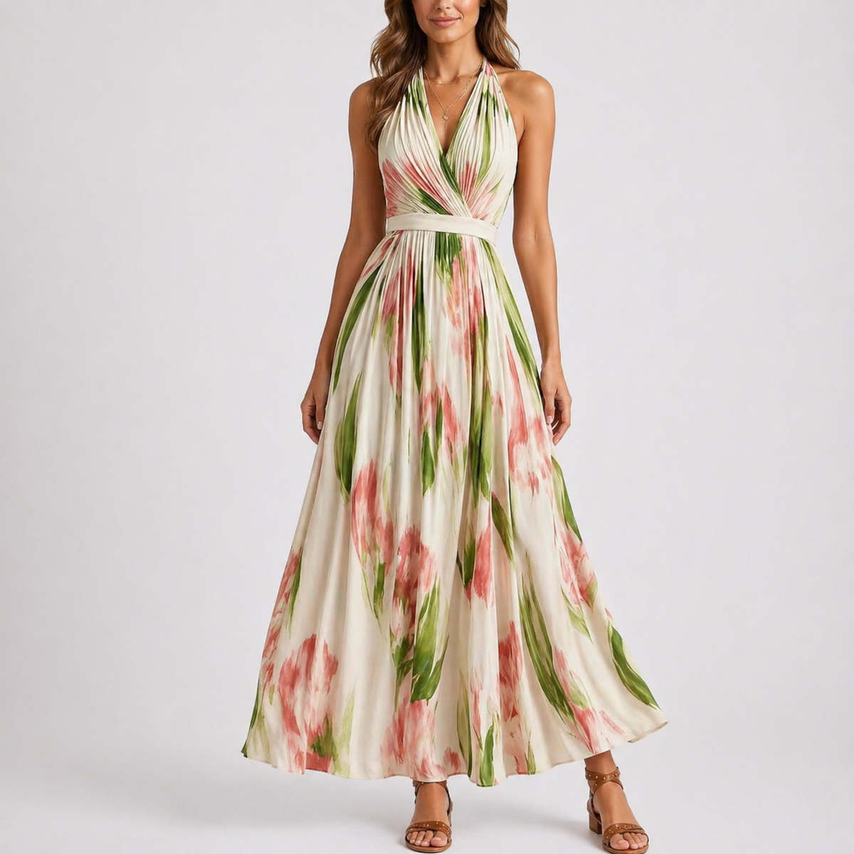 Phoebe | Women’s Maxi Dress | Halter Neck Floral Print Occasion Wear — image 01 — MAREACO