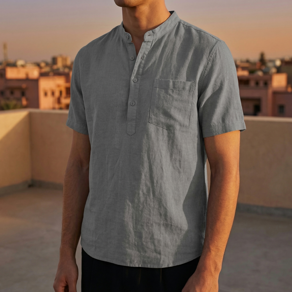 Poppy | Men’s Henley Shirt | Half Placket Chest Pocket Summer Wear — image 01 — MAREACO