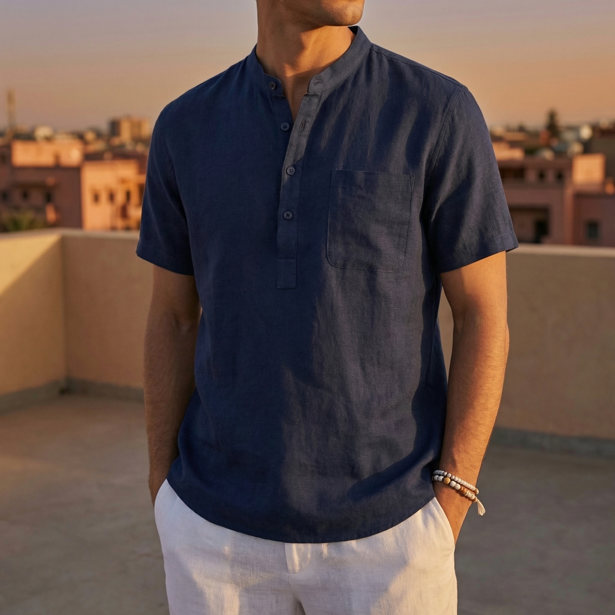 Poppy | Men’s Henley Shirt | Half Placket Chest Pocket Summer Wear — image 02 — MAREACO
