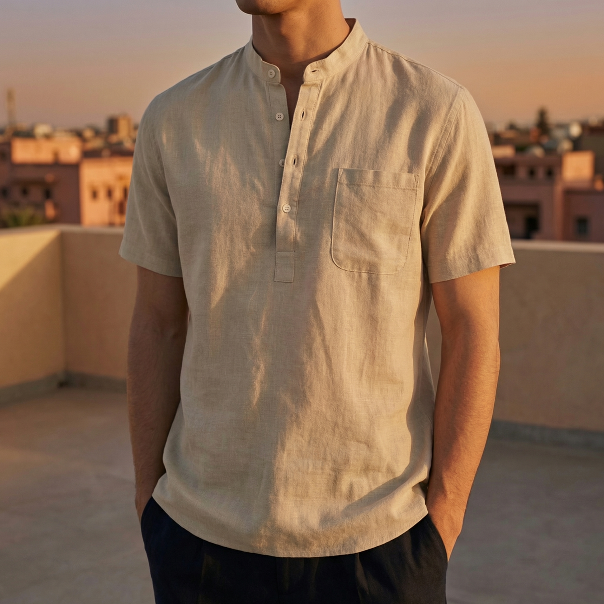 Poppy | Men’s Henley Shirt | Half Placket Chest Pocket Summer Wear — image 04 — MAREACO